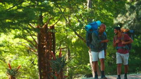 Two-Male-Friends-With-Backpacks-Fist-Bumping-On-Vacation-Hiking-Through-Countryside-Together