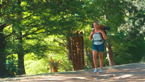 Smiling-Woman-With-Backpack-On-Vacation-Hiking-Through-Countryside