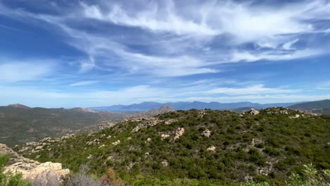 Panoramic-panning-view-of-Agriates-Desert-nature-reserve-in-summer-season,-Corsica-island-in-France