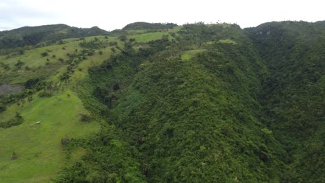 Flying-over-tropical-nature-Landscape-of-overgrown-lush-green-hills-and-ravines-on-Cebu-island