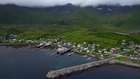 Aerial-Orbit-shot-of-Mefjordvar-during-summer-on-Senja-Island,-overcast-day