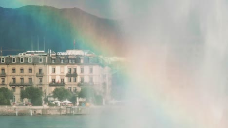 Rainbow-under-the-water-jet-in-Geneva,-Lac-Leman,-Switzerland