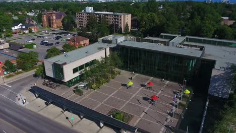 Whitby-Public-Library-Aerial-Orbital-Shot-with-Tilt-Down,-Ontario,-Canada