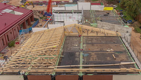 Roof-construction-process-of-commercial-building,-time-lapse