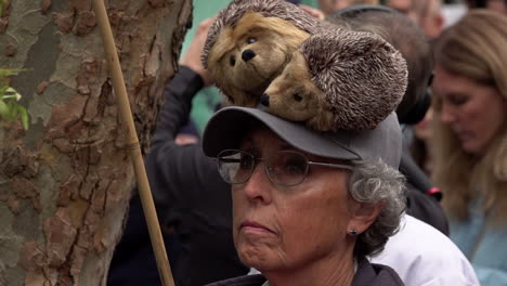 In-slow-motion-a-woman-wears-a-hat-with-two-hedgehog-cuddly-toys-on-during-the-Restore-Nature-Now-protest-outside-the-The-Department-for-Environment-Food-and-Rural-Affairs-