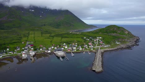Aerial-sideway-pan-of-Mefjordvar-during-summer-on-Senja-Island