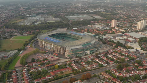 Pan-down-circling-aerial-shot-of-Twickenham-stadium-London