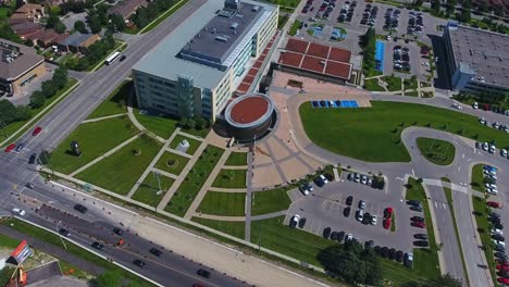 Aerial-View-Over-The-Regional-Municipality-of-Durham,-Health-Department,-Tilt-Down-with-Pull-Out-Shot,-Ontario,-Canada