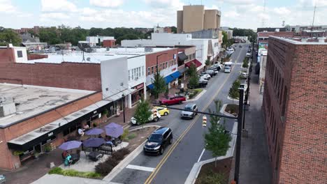 Aerial-low-slow-shot-of-downtown-hickory-nc,-north-carolina