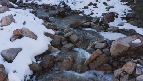 Nahaufnahme-Des-Wassers,-Das-In-Einem-Von-Schnee-Umgebenen-Bach-In-Den-Granithügeln-Herabfließt