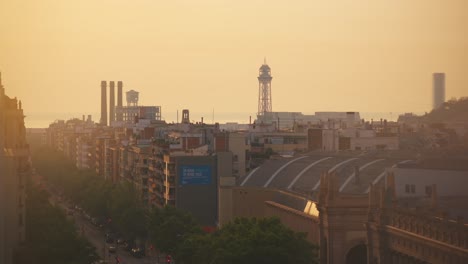 Aerial-view-of-Barcelona-famous-neighborhood-El-Poble-Sec-under-sunset-sky,-Spain