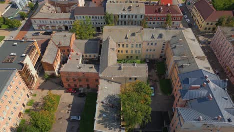 Aerial-view-of-Daugavpils-neighborhood,-buildings,-and-architecture,-Latvia