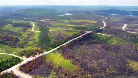 Eine-Luftdrohnenaufnahme-Zeigt-Die-Verbrannte-Landschaft,-Die-Durch-Die-Jüngsten-Verheerenden-Waldbrände-In-Quebec,-Kanada,-Zerstört-Wurde