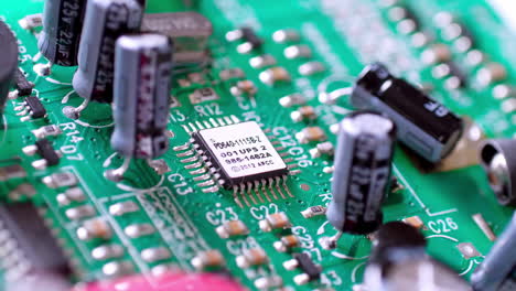 Zooming-out-of-an-assembled-PCB,-Printed-Circuit-Board-complete-with-all-its-components