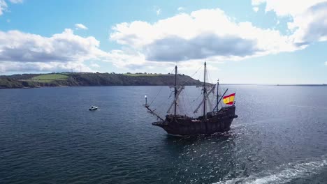 Plymouth-Sound-City-Harbor-welcomes-the-Spanish-Galleon-El-Galeón-Andalucía,-Aerial-Shot
