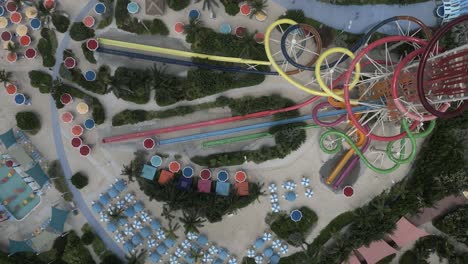 Aerial-ascends-above-waterslide-tower-at-waterpark-in-the-Bahamas