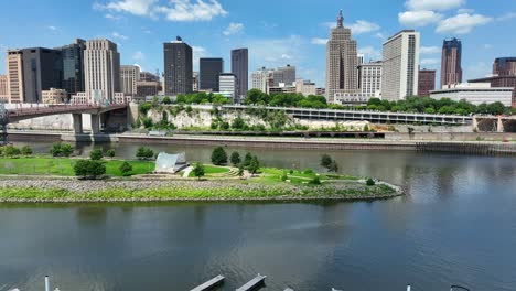 Saint-Paul-skyline-as-seen-from-drone-above-Mississippi-River-and-Raspberry-Island-on-beautiful-summer-day