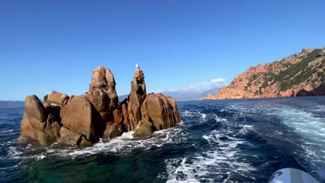 Seagull-perched-on-rocks-of-Calanques-de-Piana-in-middle-of-sea-seen-moving-boat,-Corsica-island-of-France