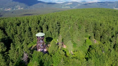Drone-view-as-it-flies-over-the-trees-and-rotates-around-the-lookout-tower-on-the-mountains-with-the-valley-in-the-background