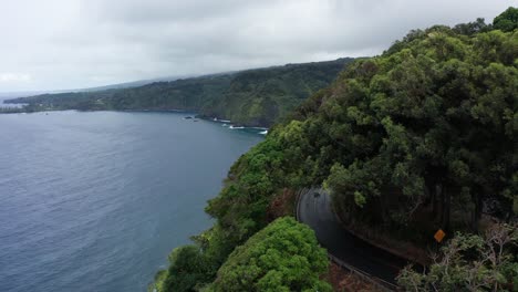 Low-panning-aerial-shot-of-the-tropical-rainforest-coastline-along-the-Road-to-Hana-on-the-island-of-Maui,-Hawai'i