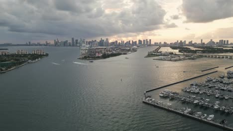 Aerial-skyline-cityscape-at-sunset-of-Miami-south-beach-florida-with-downtown-at-distance