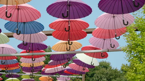 Alley-Decoration-Made-of-Rows-Of-Vivid-Colorful-Umbrellas-Hanging-Above-Against-Blue-Sky-in-Herb-Island-in-Pocheon---pan