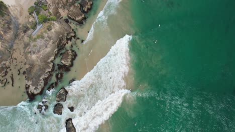 Bird's-Eye-View-Over-Scenic-Seascape-Of-Clarkes-Beach-In-New-South-Wales,-Australia---drone-shot