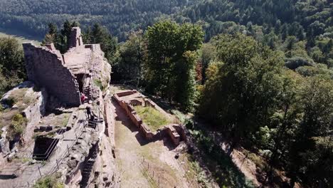 Areal-View-of-the-Meistersel-Castle-Ruin-on-Top-of-a-Hill-in-the-Palatinate-Forest-on-a-Beautiful-Sunny-Day