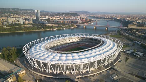 Orbiting-Aerial-View-Above-Hungarian-National-Athletic-Center-in-Budapest,-Hungary