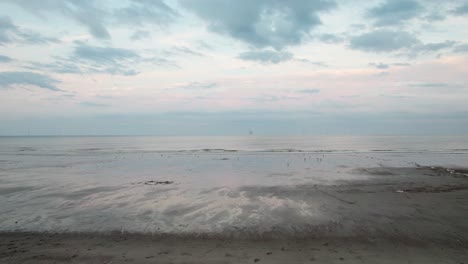 Oben-Sind-Luftaufnahmen-Eines-Malerischen-Strandes-Bei-Sonnenuntergang-Zu-Sehen,-Komplett-Mit-Glitzerndem,-Nassem-Sand,-Einem-Ruhigen-Lila-rosafarbenen-Meer-Und-Menschen,-Die-Als-Silhouette-Mit-Ihrem-Hund-Spazieren-Gehen