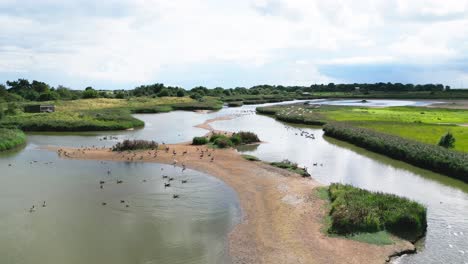 Luftvideoaufnahmen-Zeigen-Die-Salzwassersumpfgebiete-Entlang-Der-Küste-Von-Lincolnshire-Und-Zeigen-Seevögel-Im-Flug-Sowie-In-Den-Lagunen-Und-Binnenseen