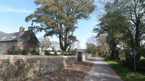 Casa-Tradicional-En-La-Irlanda-Rural-Con-Muro-De-Piedra-Y-Jardín-De-Rosas-Por-La-Tarde-De-Otoño