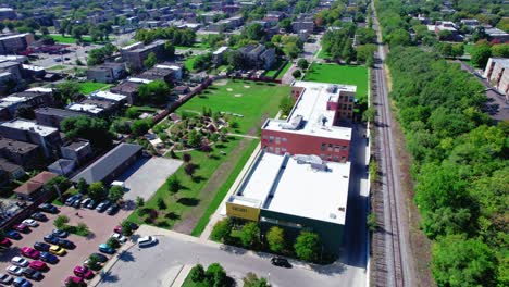 high-angle-aerial-of-UCAN-building-from-Chicago-which-provides-support-services-for-the-entire-family,-with-a-focus-on-youth-in-foster-care,-teen-parents,-and-low-income-families