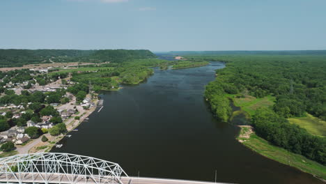 Aerial-View-Of-Mississippi-River,-Wabasha-City-And-Wabasha-Nelson-Bridge-In-Minnesota,-USA