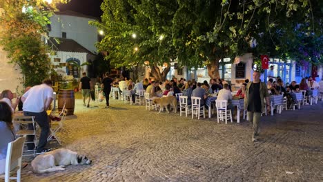 Hermoso-Casco-Antiguo-De-Alacati-Por-La-Noche-Con-Gente-Cenando,-Turquía
