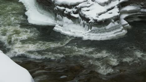 Freezing-mountain-river-flowing-by-ice-covered-rocks-at-winter,-Ausable-Chasm