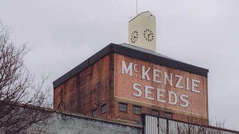 Low-Angle-Overcast-Fall-Shot-of-the-Vintage-Historic-Agriculture-Tower-Landmark-McKenzie-Seeds-Building-in-Downtown-Brandon-Manitoba-Canada