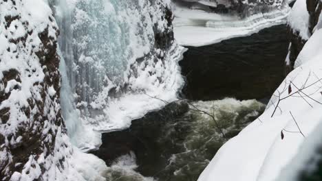 Mountain-river-running-through-ice-covered-gorge,-Ausable-Chasm-in-Adirondacks