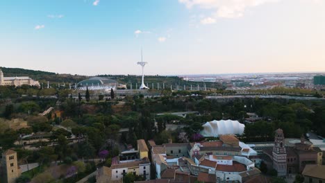 Aerial-dolly-establishes-Lluis-companys-olympic-stadium-spire-and-gathering-center