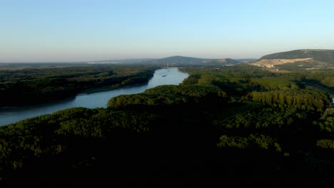 Panoramic-View-Of-Danube-River-And-Floodplain-Forest-In-Lower-Austria---drone-shot