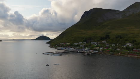 Lachsangelringe-Vor-Der-Küste-Von-Torsken,-Norwegen,-Bei-Sonnenuntergang,-Luftaufnahme-Des-Rückzugs