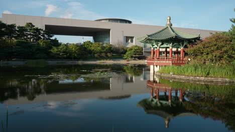 Empty-Cheongjajeong-Pavilion-by-Calm-Pond-at-the-National-Museum-of-Korea-in-Summer---static