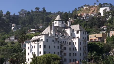 Aerial-View-of-Famous-Chateau-Marmont-Hotel,-Los-Angeles-CA-USA,-Establishing-Drone-Shot