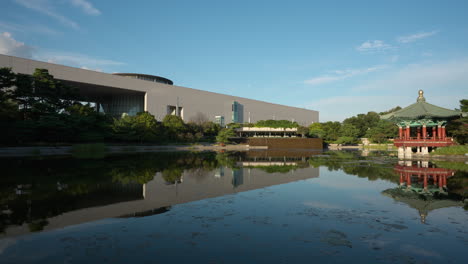 Cheongjajeong-Pavilion-on-Glass-Pond-at-the-National-Museum-of-Korea-in-Summer-with-Reflections-in-Water-in-Seoul-Downtown---Right-Pan-Panoramic