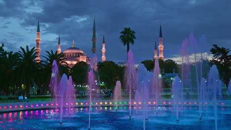 Blue-mosque-Sultanahmet-illuminated-at-night-and-water-fountains-blue-hour