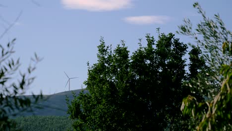 Zeitraffer-Einer-Windturbine,-Die-Sich-Auf-Einem-Hügel-Mit-Grüner-Naturlandschaft-Dreht