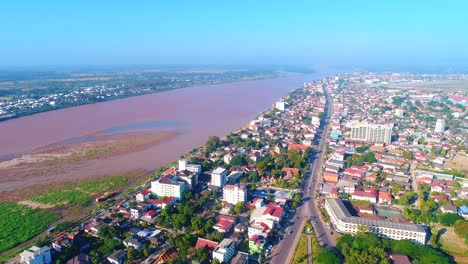 Mekong-River-Aerial-View-Drone-Footage-Pan-Up-Vientiane-Laos-Border-Of-Thailand-4K