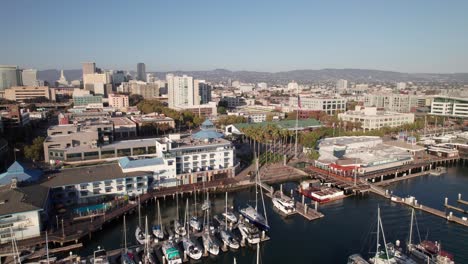 Oakland,-California,-4K-drone-shot-of-waterfront-and-skyline
