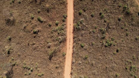 drone-orbital-view-of-a-moving-car-raising-dust-on-a-dirt-road-in-Chapada-dos-Veadeiros,-Goiás,-Brazil