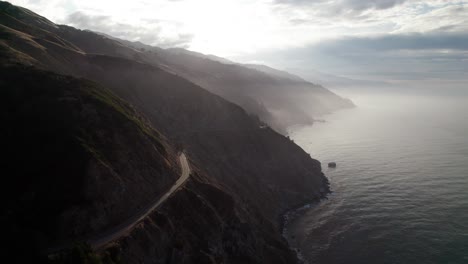 Epic-misty-aerial-view-of-Santa-Lucia-Mountains-and-Pacific-Ocean-at-Big-Sur,-California
